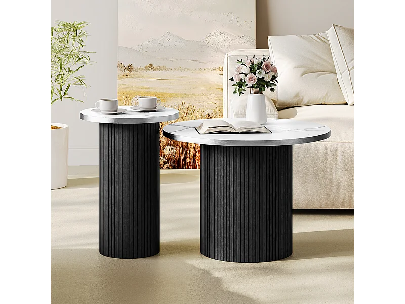 Lot de 2 Tables basses rondes - base de colonne romaine - placage marbre - Noir