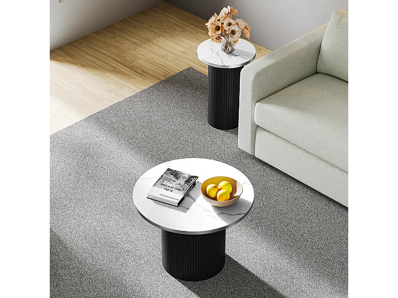 Lot de 2 Tables basses rondes - base de colonne romaine - placage marbre - Noir