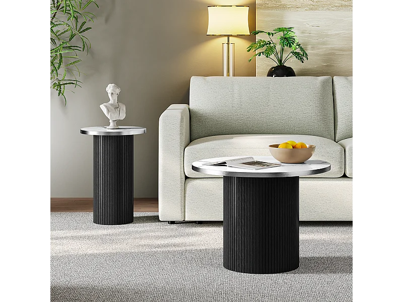 Lot de 2 Tables basses rondes - base de colonne romaine - placage marbre - Noir