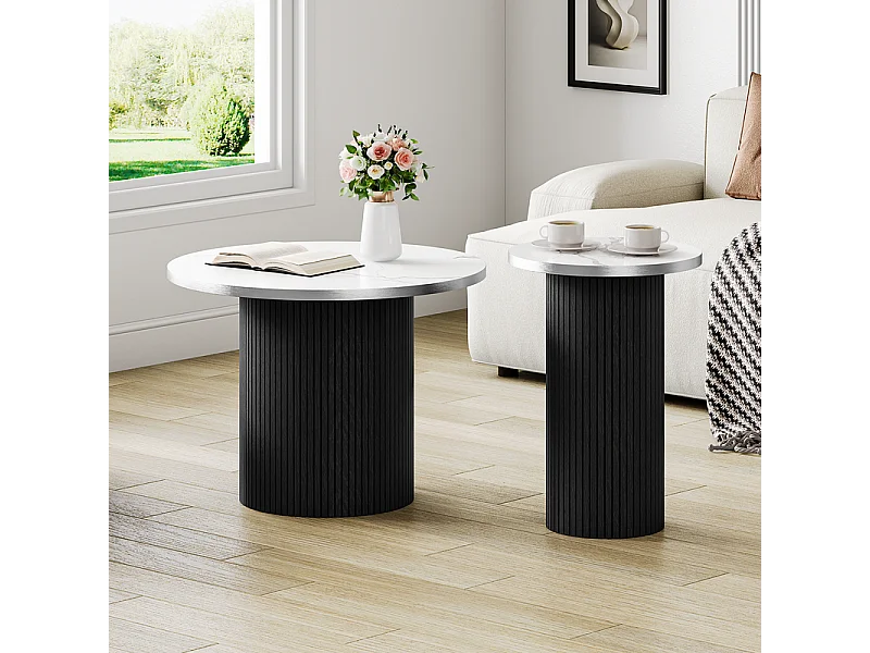 Lot de 2 Tables basses rondes - base de colonne romaine - placage marbre - Noir