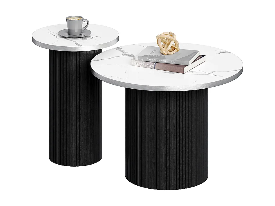 Lot de 2 Tables basses rondes - base de colonne romaine - placage marbre - Noir