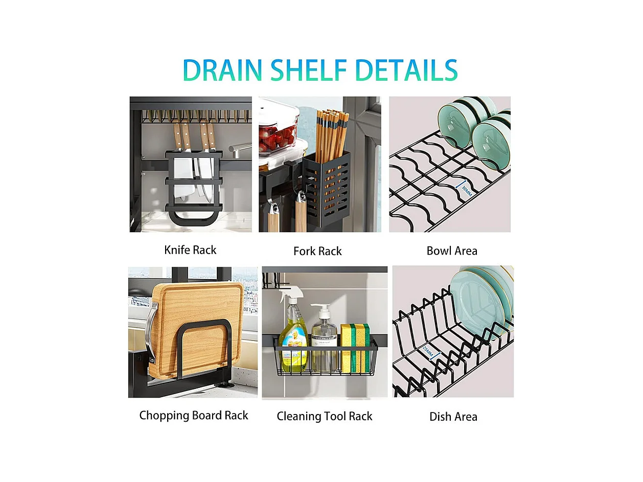Égouttoir à Vaisselle, 3 Niveaux, avec porte, support de Planche à découper, bac d'égouttage, 85x30x80cm