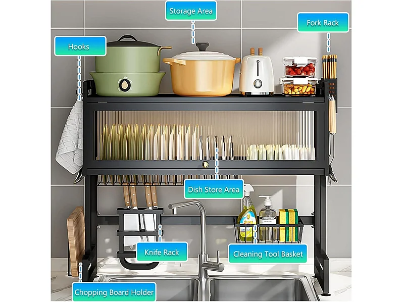 Scolapiatti, 3 Livelli, con porta, supporto per Tagliere, vassoio gocciolatoio, 85x30x80cm