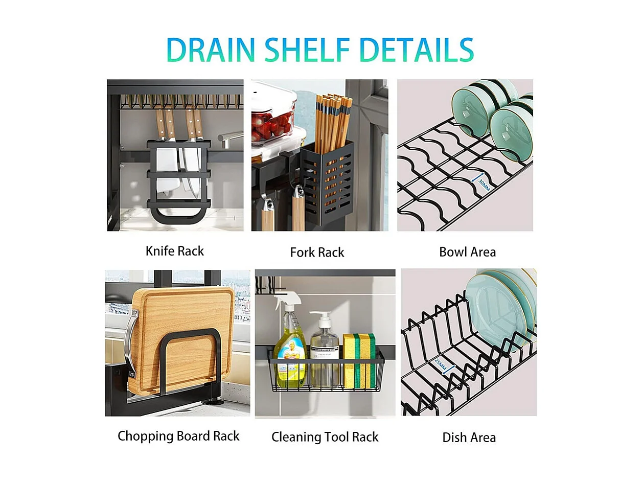 Égouttoir à Vaisselle, 3 Niveaux, avec porte, support de Planche à découper, bac d'égouttage, 65x30x80cm