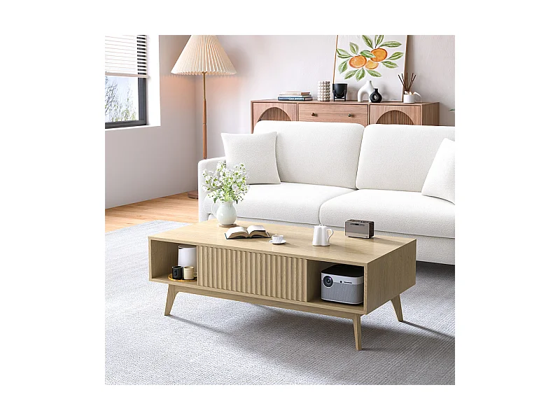 Table Basse avec 2 Portes et 2 niches - Panneau de particules - Rectangle - Naturel clair - 100x55x40cm