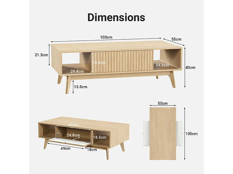 Table Basse avec 2 Portes et 2 niches - Panneau de particules - Rectangle - Naturel clair - 100x55x40cm