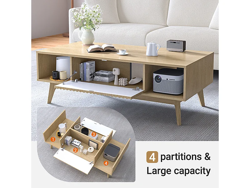 Table Basse avec 2 Portes et 2 niches - Panneau de particules - Rectangle - Naturel clair - 100x55x40cm