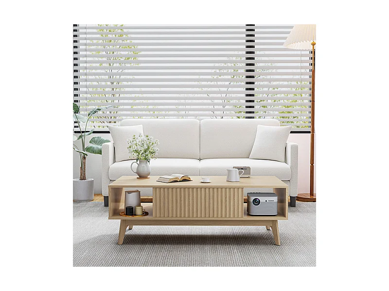 Table Basse avec 2 Portes et 2 niches - Panneau de particules - Rectangle - Naturel clair - 100x55x40cm