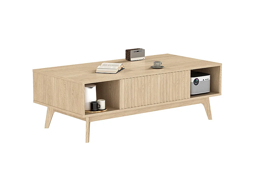 Table Basse avec 2 Portes et 2 niches - Panneau de particules - Rectangle - Naturel clair - 100x55x40cm