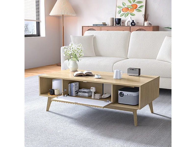 Table Basse avec 2 Portes et 2 niches - Panneau de particules - Rectangle - Naturel clair - 100x55x40cm