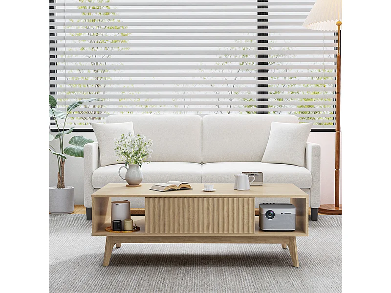 Table Basse avec 2 Portes et 2 niches - Panneau de particules - Rectangle - Naturel clair - 100x55x40cm