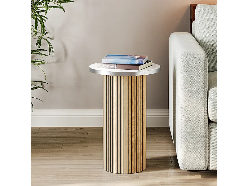 Lote de 2 Mesas bajas redondas - base de columna romana - chapa de mármol - Natural claro