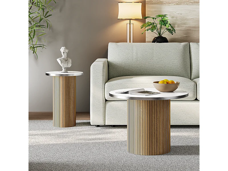 Lote de 2 Mesas bajas redondas - base de columna romana - chapa de mármol - Natural claro