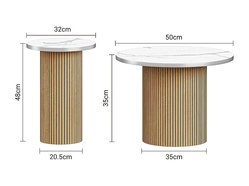 Lot de 2 Tables basses rondes - base de colonne romaine - placage marbre - Naturel clair