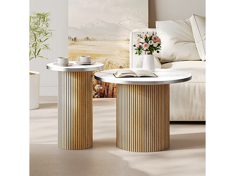 Lot de 2 Tables basses rondes - base de colonne romaine - placage marbre - Naturel clair