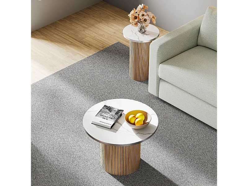 Lot de 2 Tables basses rondes - base de colonne romaine - placage marbre - Naturel clair