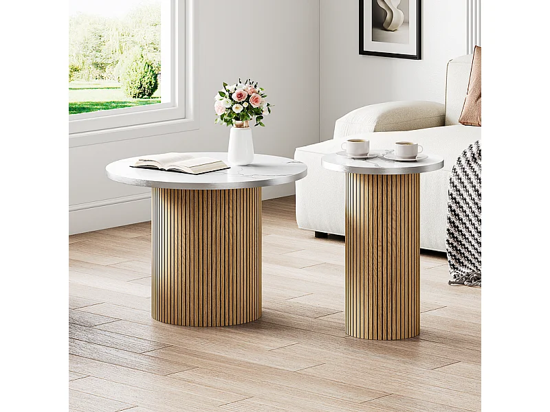 Lot de 2 Tables basses rondes - base de colonne romaine - placage marbre - Naturel clair