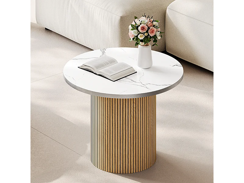 Lot de 2 Tables basses rondes - base de colonne romaine - placage marbre - Naturel clair