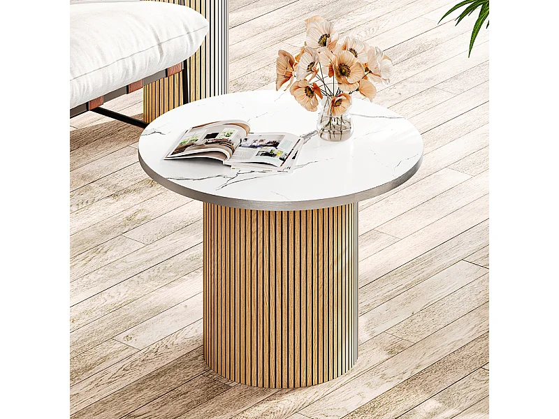 Lot de 2 Tables basses rondes - base de colonne romaine - placage marbre - Naturel clair