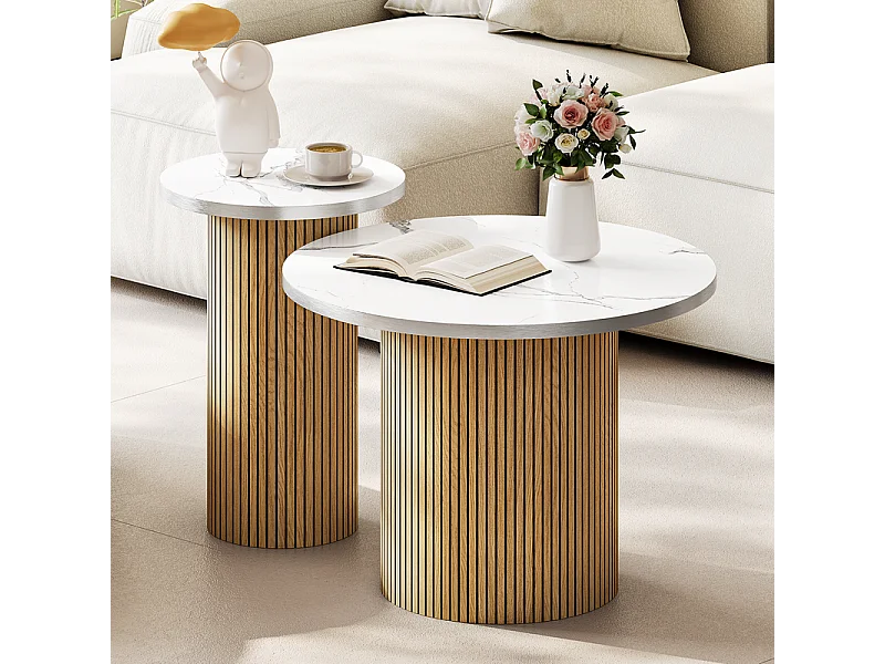 Lot de 2 Tables basses rondes - base de colonne romaine - placage marbre - Naturel clair