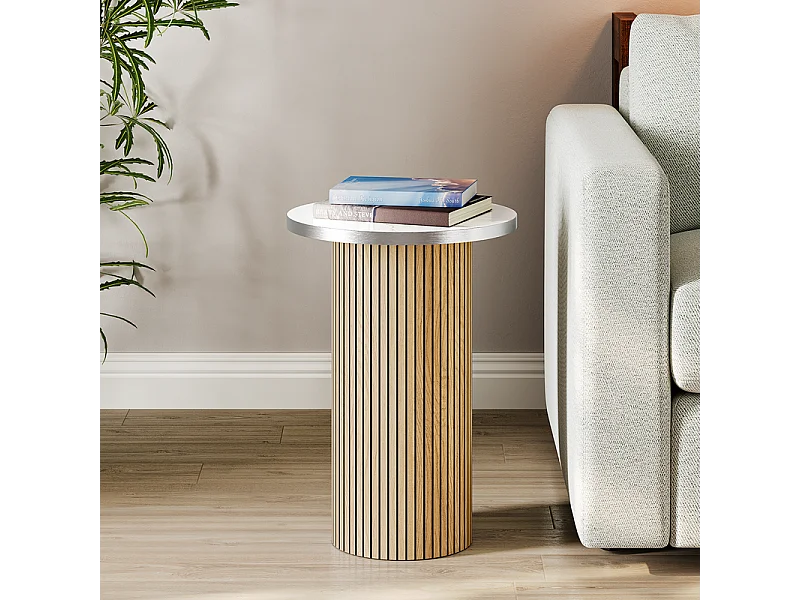 Lot de 2 Tables basses rondes - base de colonne romaine - placage marbre - Naturel clair