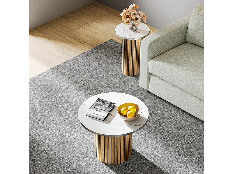 Lot de 2 Tables basses rondes - base de colonne romaine - placage marbre - Naturel clair