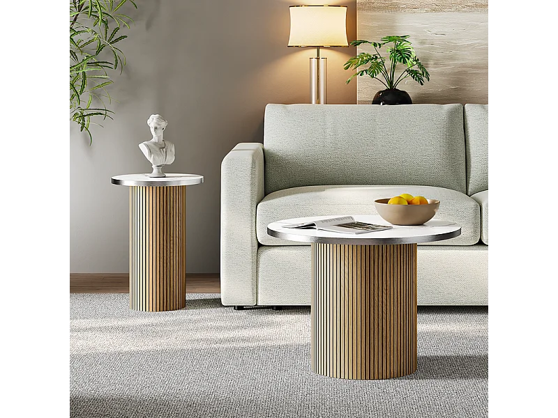 Lot de 2 Tables basses rondes - base de colonne romaine - placage marbre - Naturel clair