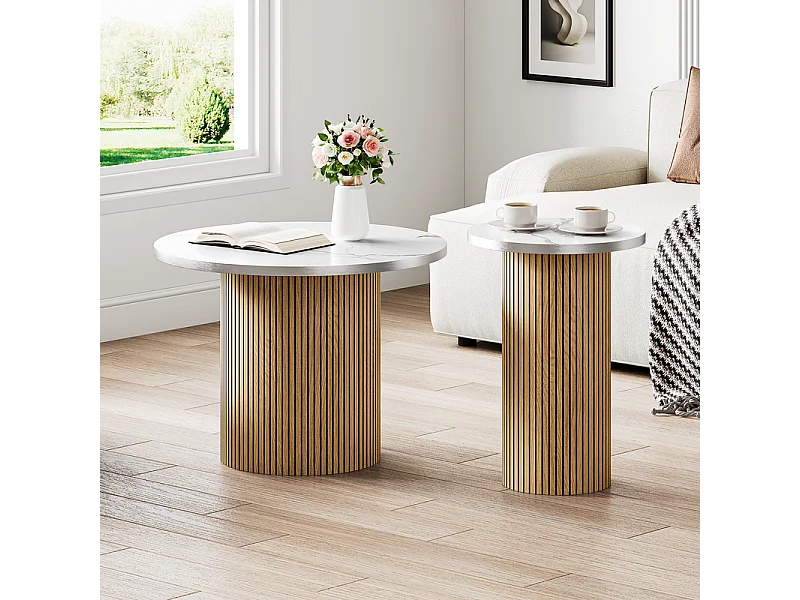 Lot de 2 Tables basses rondes - base de colonne romaine - placage marbre - Naturel clair