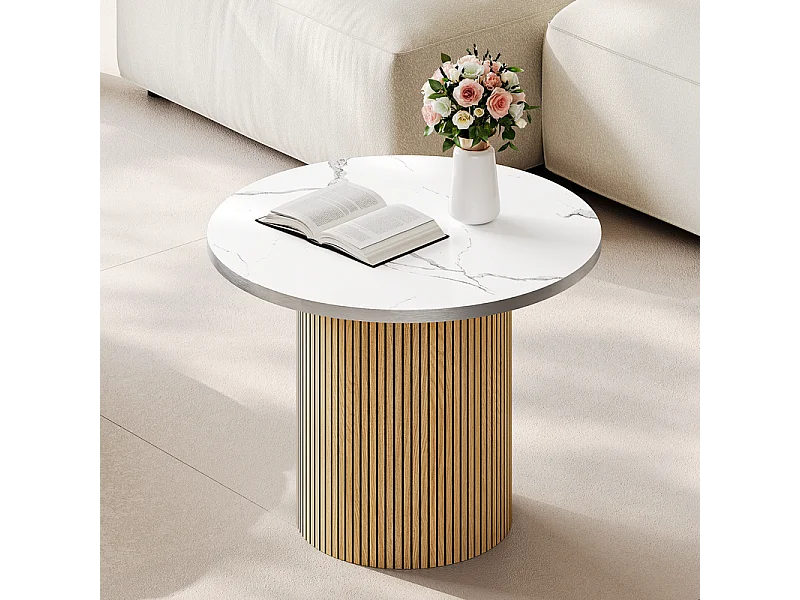 Lot de 2 Tables basses rondes - base de colonne romaine - placage marbre - Naturel clair