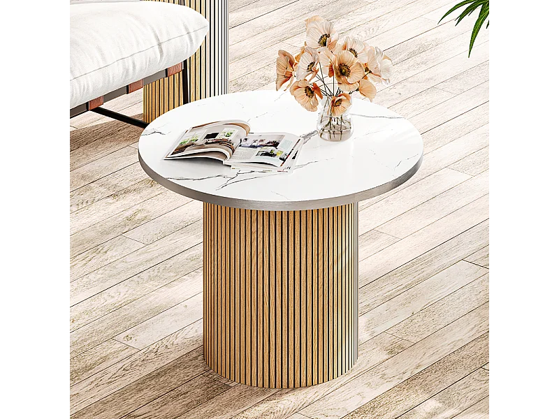 Lot de 2 Tables basses rondes - base de colonne romaine - placage marbre - Naturel clair