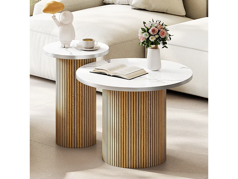 Lot de 2 Tables basses rondes - base de colonne romaine - placage marbre - Naturel clair