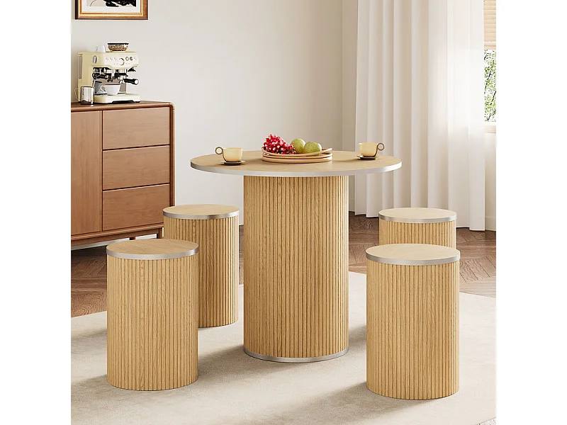 Set Runder Tisch mit 4 Hockern - Eichenfurnier - max. Belastung 272 kg - Natur hell