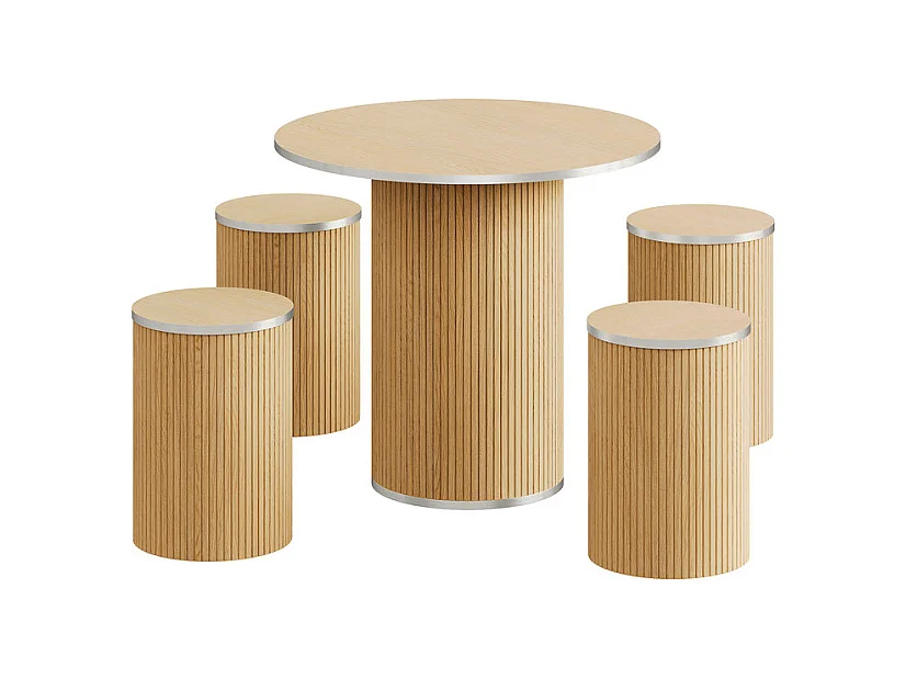 Ensemble Table ronde avec 4 tabourets - placage chêne - charge max 272 kg - Naturel clair