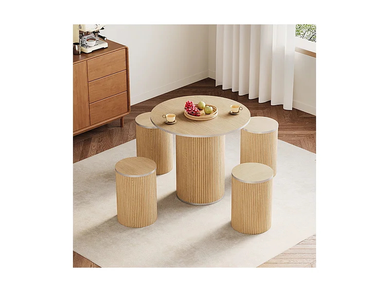 Ensemble Table ronde avec 4 tabourets - placage chêne - charge max 272 kg - Naturel clair