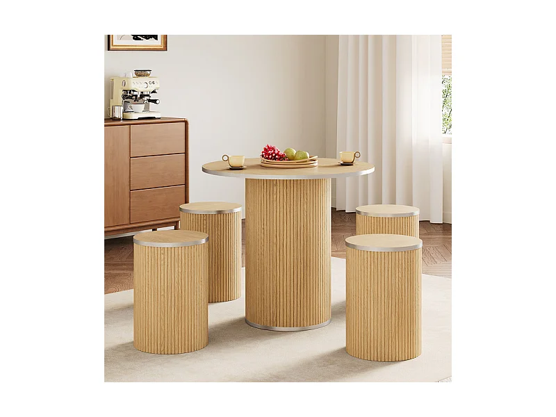 Set Runder Tisch mit 4 Hockern - Eichenfurnier - max. Belastung 272 kg - Natur hell