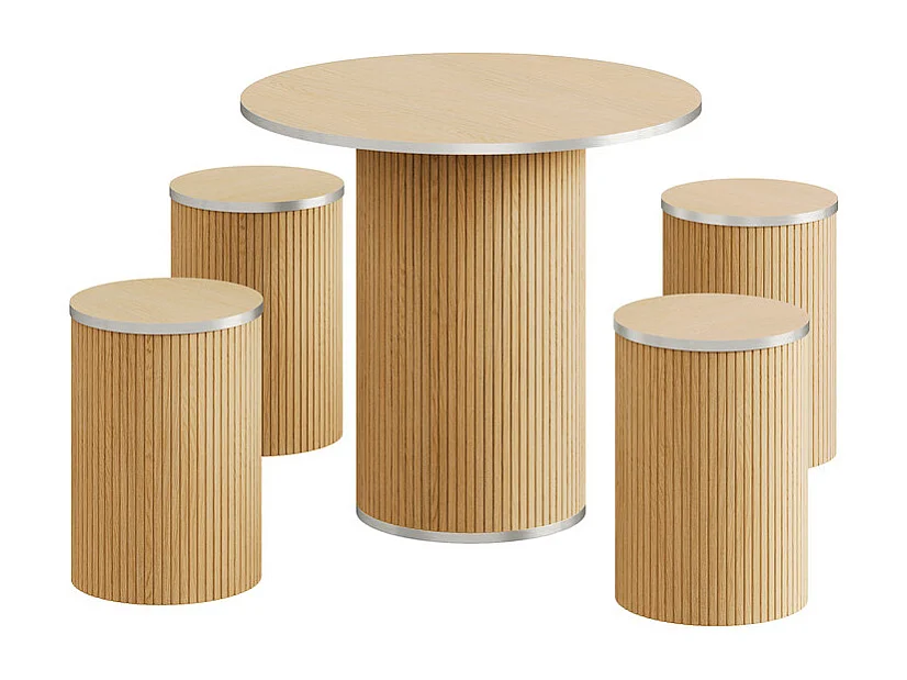 Ensemble Table ronde avec 4 tabourets - placage chêne - charge max 272 kg - Naturel clair