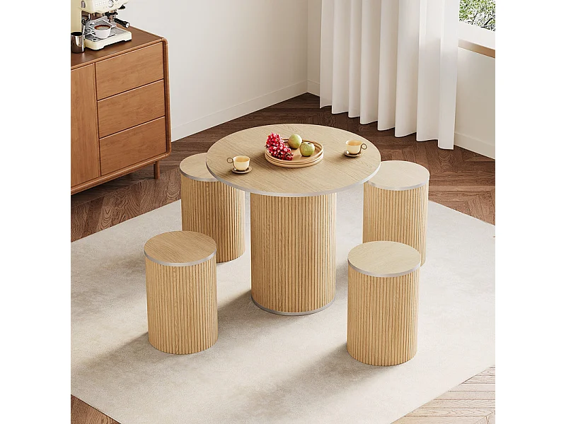 Ensemble Table ronde avec 4 tabourets - placage chêne - charge max 272 kg - Naturel clair