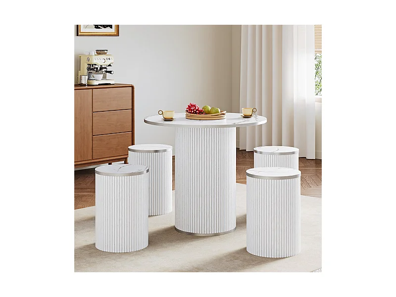 Ensemble Table ronde avec 4 tabourets - placage marbre - charge max 272 kg - Blanc