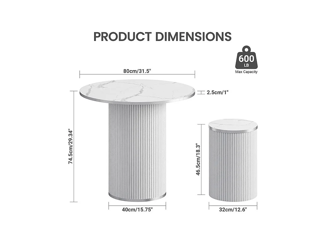 Ensemble Table ronde avec 4 tabourets - placage marbre - charge max 272 kg - Blanc