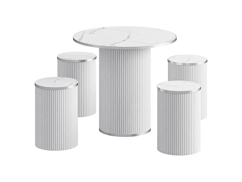 Ensemble Table ronde avec 4 tabourets - placage marbre - charge max 272 kg - Blanc