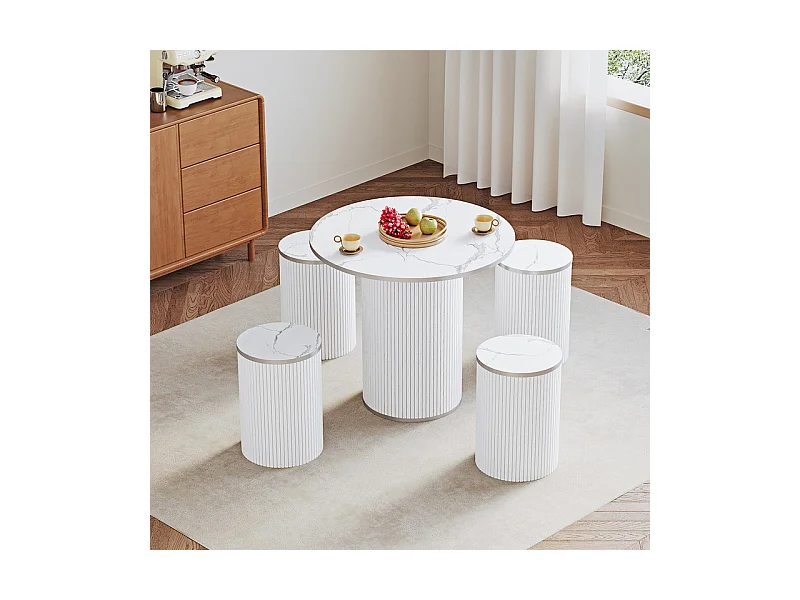 Ensemble Table ronde avec 4 tabourets - placage marbre - charge max 272 kg - Blanc