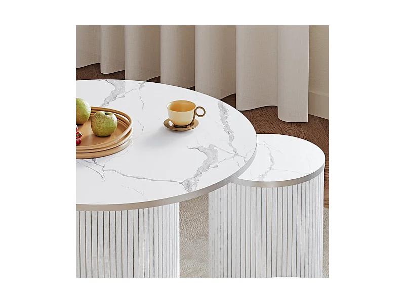Ensemble Table ronde avec 4 tabourets - placage marbre - charge max 272 kg - Blanc