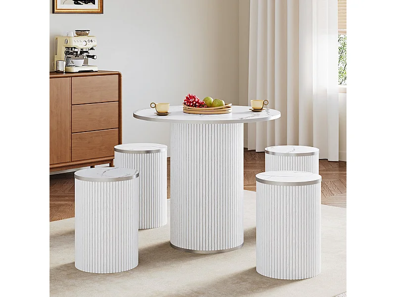 Ensemble Table ronde avec 4 tabourets - placage marbre - charge max 272 kg - Blanc