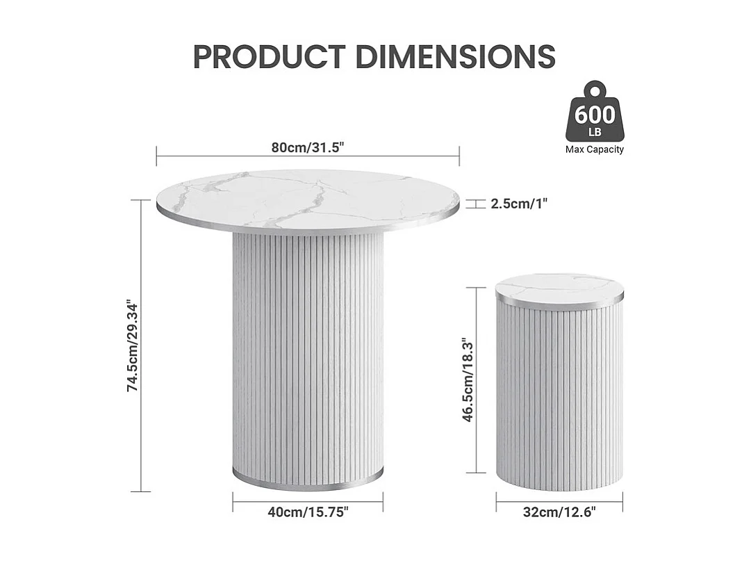 Ensemble Table ronde avec 4 tabourets - placage marbre - charge max 272 kg - Blanc