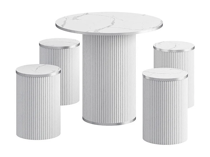 Ensemble Table ronde avec 4 tabourets - placage marbre - charge max 272 kg - Blanc