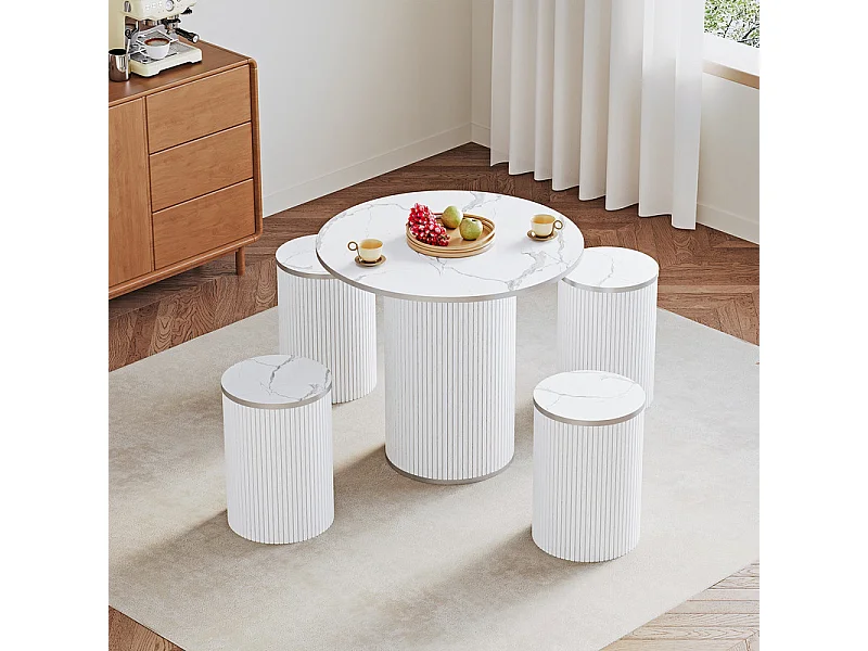 Ensemble Table ronde avec 4 tabourets - placage marbre - charge max 272 kg - Blanc