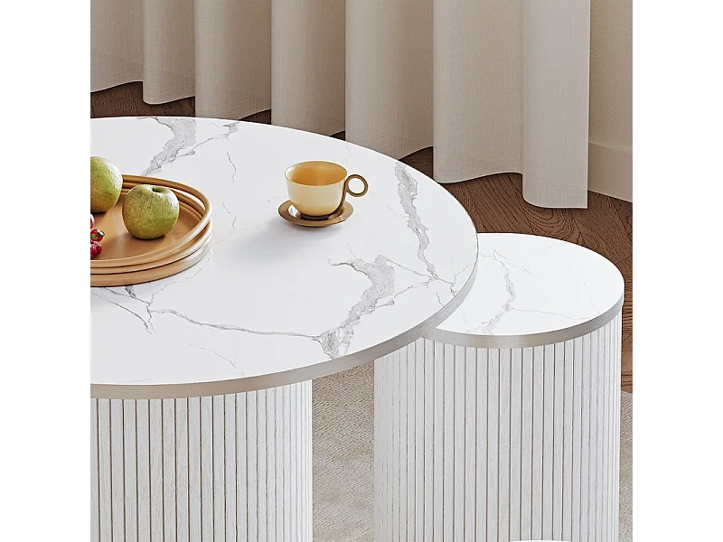 Ensemble Table ronde avec 4 tabourets - placage marbre - charge max 272 kg - Blanc