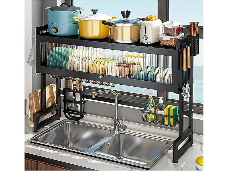 Secaplatos, 3 Niveles, con puerta, soporte para Tabla de cortar, bandeja de goteo, 105x30x80cm