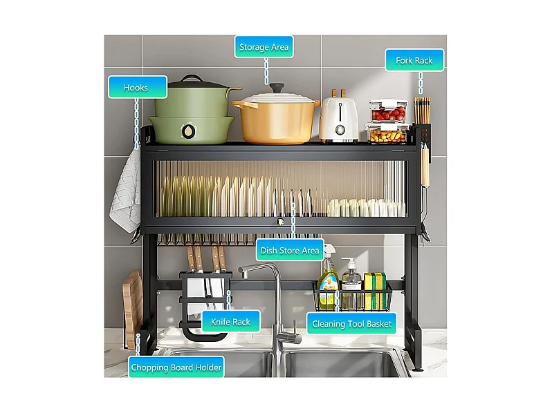 Égouttoir à Vaisselle, 3 Niveaux, avec porte, support de Planche à découper, bac d'égouttage, 105x30x80cm