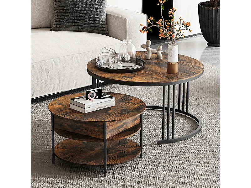 Nest-Beistelltische rund, mit klappbarer Platte, Metallgestell, max. Belastung 80kg, Schwarz und Taupe